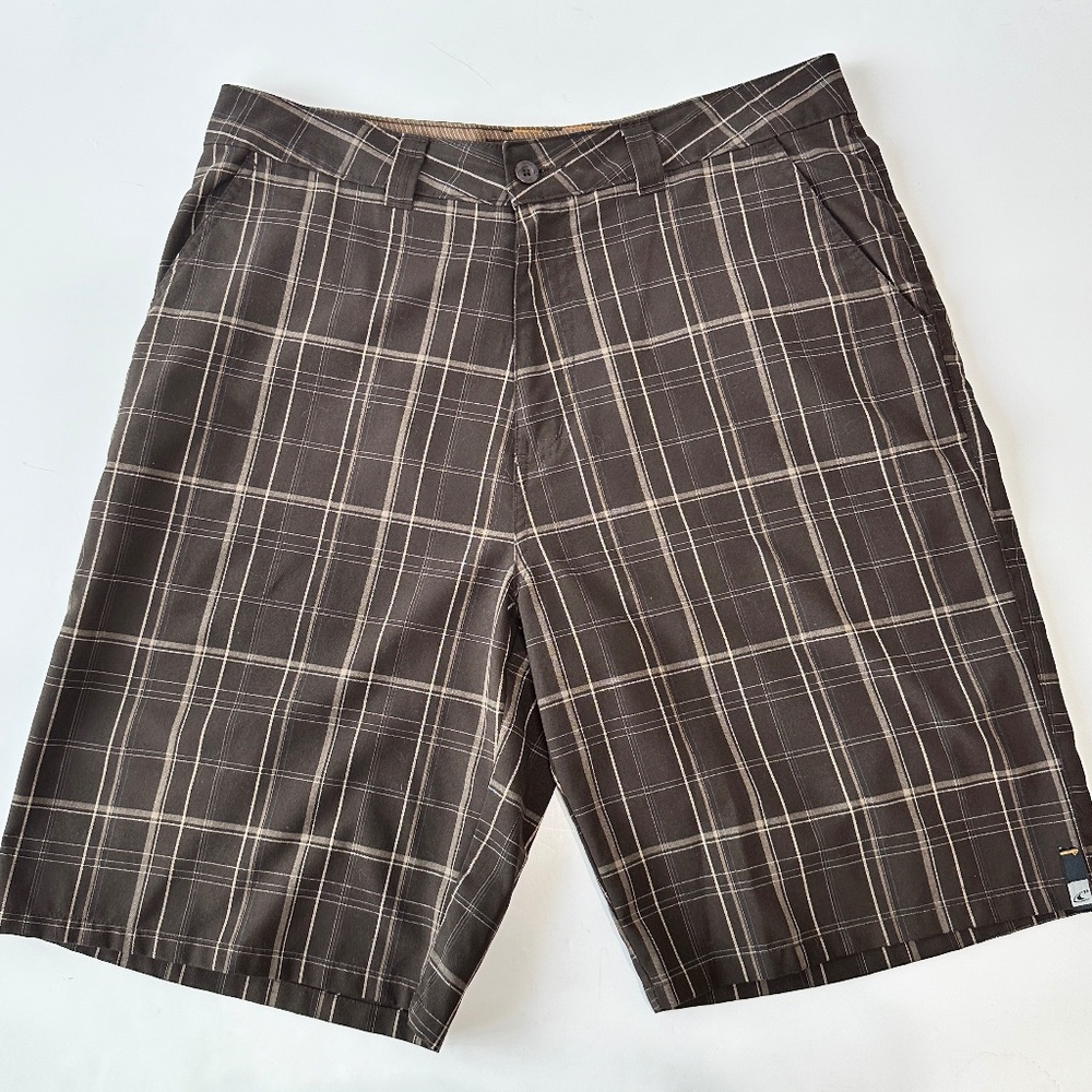 O'Neill Triumph Plaid Shorts Mens 34 Brown Flat Front Vintage Style Casual